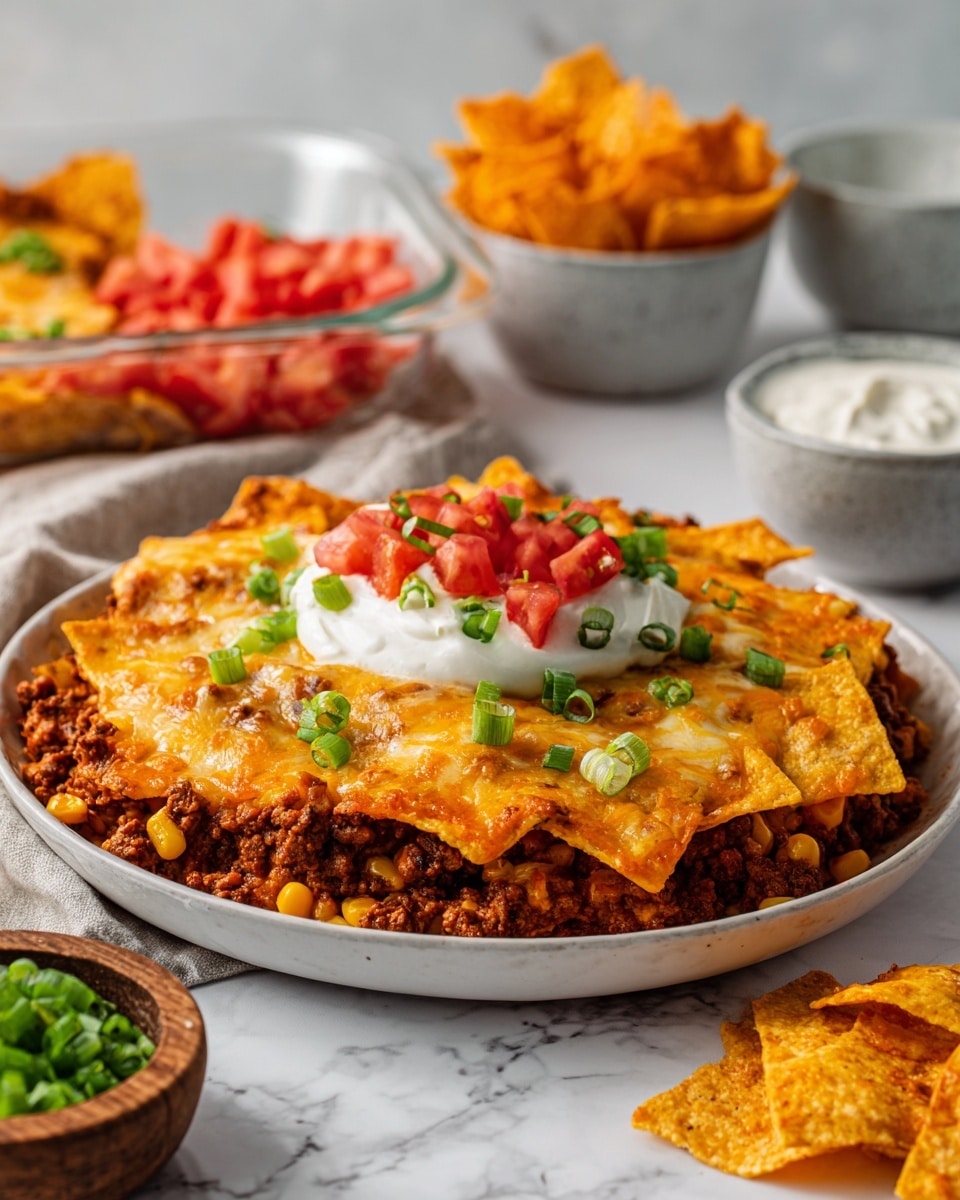 The image shows a round white plate filled with a layered nacho dish. The bottom layer is a mix of ground meat and corn, reddish-brown in color with a chunky texture. Above it are scattered orange chips covered with melted yellow cheese and more corn. The top layer has chopped red tomatoes, a dollop of white sour cream in the center, and a sprinkle of green chopped onions. Surrounding the plate on a white marbled surface are loose orange chips, a small white bowl of diced tomatoes, a wooden bowl with sour cream, and a gray bowl with green chopped onions. A glass dish with the same layered nacho mix is visible in the background. Photo taken with an iphone --ar 4:5 --v 7