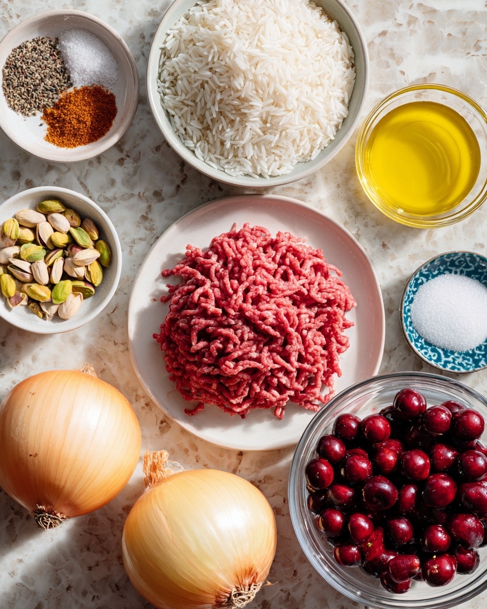 The image shows different ingredients arranged on a white marbled surface. In the center, there is a white plate with red ground beef, textured with fine strands. To the right, a glass bowl filled with deep red sour cherries, shiny and round, sits next to a small white bowl containing bright yellow oil. Above the beef, a white bowl holds off-white basmati rice with long grains. To the left of the rice, a white bowl contains light green pistachios and beige almonds in small, thin pieces. Below that, two yellow onions are placed side by side, one whole and one cut to show its layers. Above the onions, a small blue bowl holds white granulated sugar. Between the sugar and sour cherries, a tiny blue and white plate displays a mix of spices in orange, gray, and black colors. The whole scene is lit softly from above. photo taken with an iphone --ar 4:5 --v 7