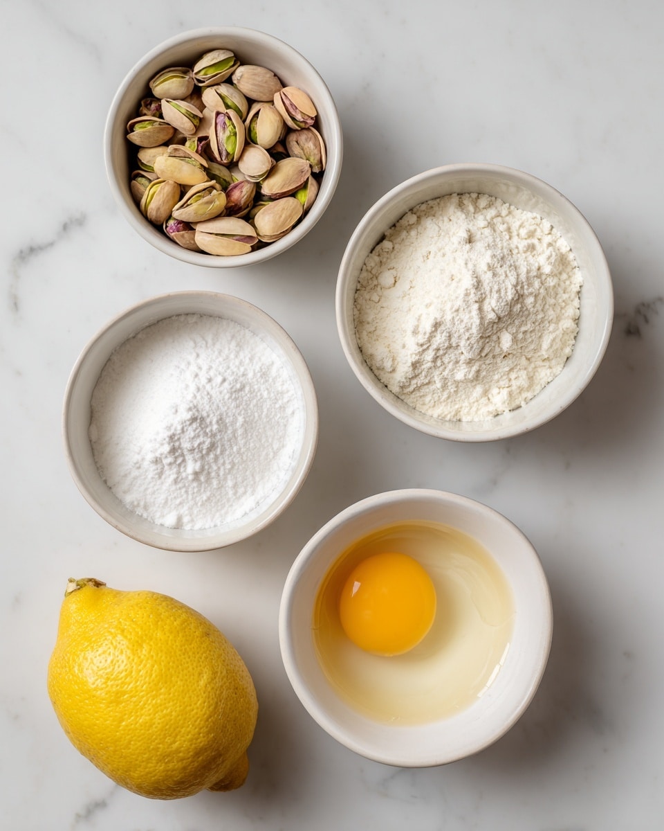 Top view of five small white bowls and one lemon arranged on a white marbled surface. The top left bowl holds shelled pistachio nuts, light brown with green shades visible inside, the top right bowl contains fine white flour with a slightly uneven surface, the middle left bowl is filled with smooth white powdered sugar, and the bottom right bowl shows a single raw egg with a bright yellow yolk in clear egg white. A whole yellow lemon with a textured rind sits at the bottom left. Each item is spaced evenly with clear labels in simple white text floating nearby. Photo taken with an iphone --ar 4:5 --v 7