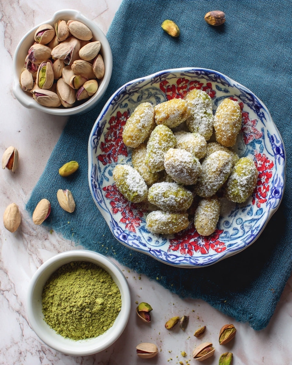 The image shows a white plate with a colorful blue and red floral pattern on the edges, filled with light brown, peanut-shaped sweets that are dusted with white powder on top. The plate is placed on a dark blue cloth over a white marbled surface. Below the main plate, there are two small white bowls: one filled with finely ground green powder and the other with whole pistachio nuts in their shells. The overall presentation is bright and textured, with a mix of soft, powdery, and smooth nuts. Photo taken with an iphone --ar 4:5 --v 7