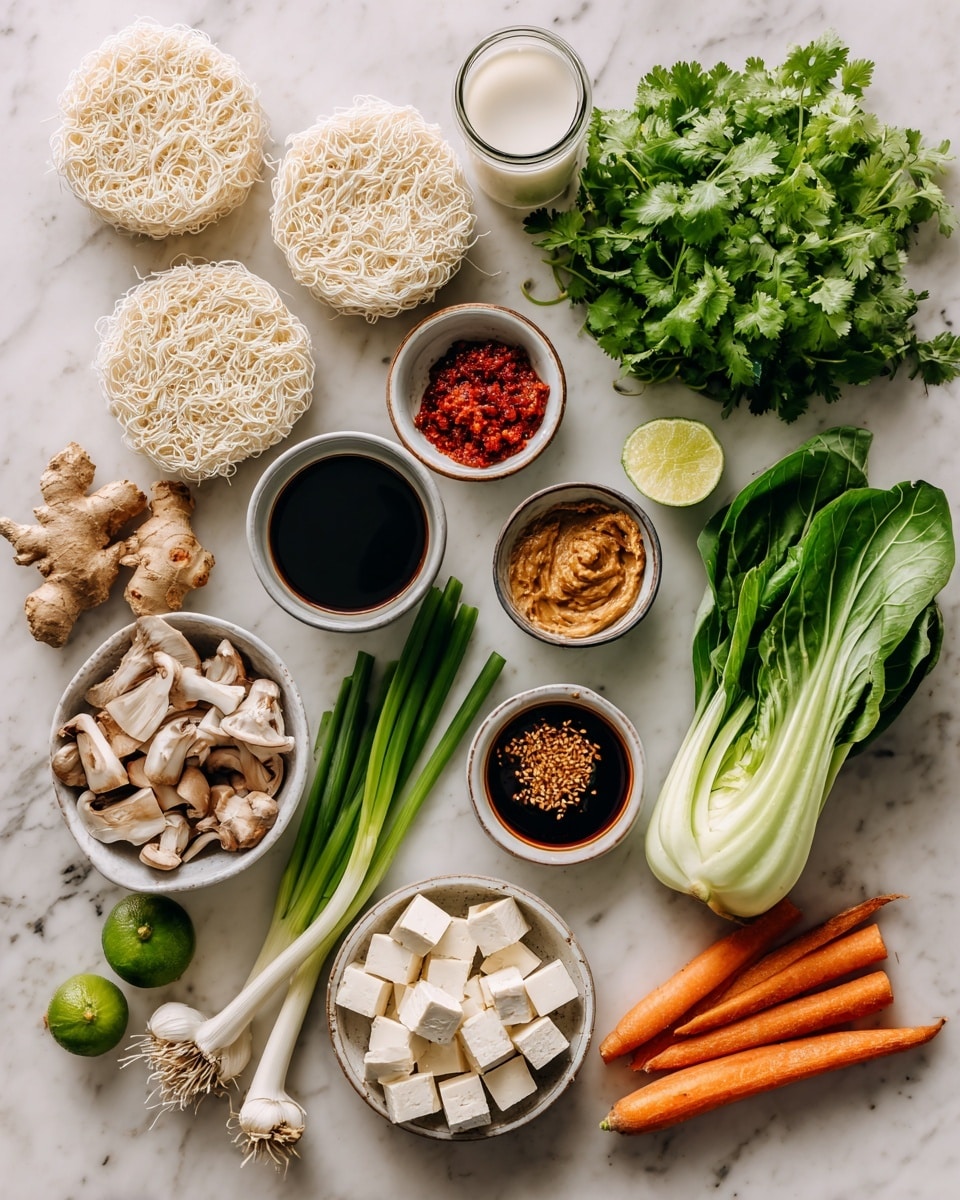 The image shows a variety of fresh ingredients arranged neatly on a white marbled surface. There are two round dry noodle cakes placed on the top left. Below them is a cup of coconut milk and beside it a bunch of green leafy cilantro. In the center top, there is a large bok choy with bright green leaves and white stalks. Next to it on the right side are three small bowls, one with red chili paste, one with peanut butter, and one with soy sauce. Below the bowls, there are two green onions with white bottoms. In the middle, a white bowl holds sliced white mushrooms. To the right of the mushrooms, a white bowl contains evenly cut tofu cubes. At the bottom right, two long orange carrots lie side by side. There are also garlic cloves, a small piece of fresh ginger, half a green lime, and a couple of other small seasoning items spread out evenly around the bowls. photo taken with an iphone --ar 4:5 --v 7