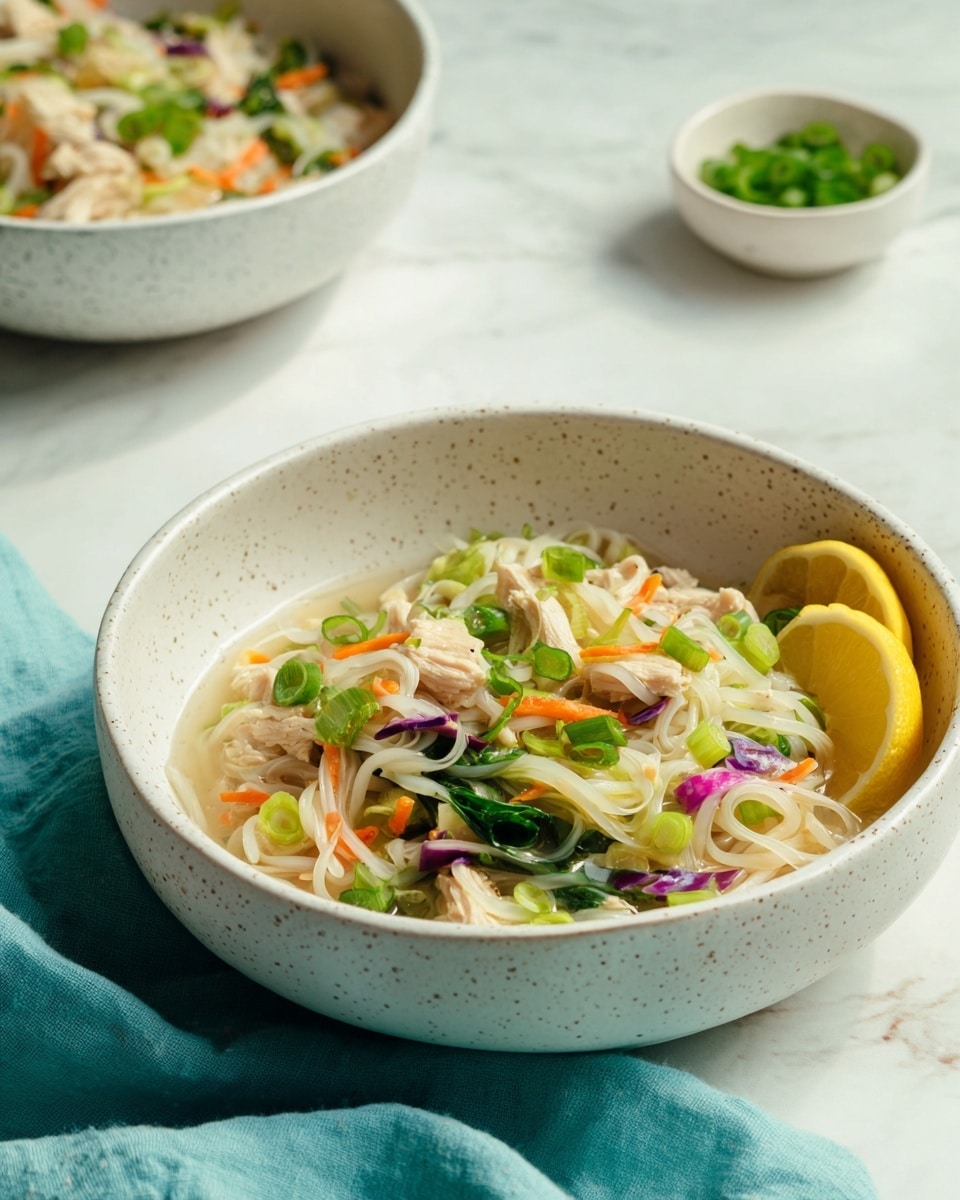 A white speckled bowl sits on a white marbled surface, filled with thin rice noodles mixed with layers of colorful vegetables. The top layer shows bright green baby bok choy, light orange thin carrot strips, and small pieces of purple cabbage. Pieces of light beige cooked chicken are scattered throughout, along with chopped green onions that add a fresh touch. A yellow lemon wedge rests on the edge of the bowl. In the background, there is another similar bowl and a small white bowl with more chopped green onions. A light blue cloth is partially visible under the bowl. Photo taken with an iphone --ar 4:5 --v 7