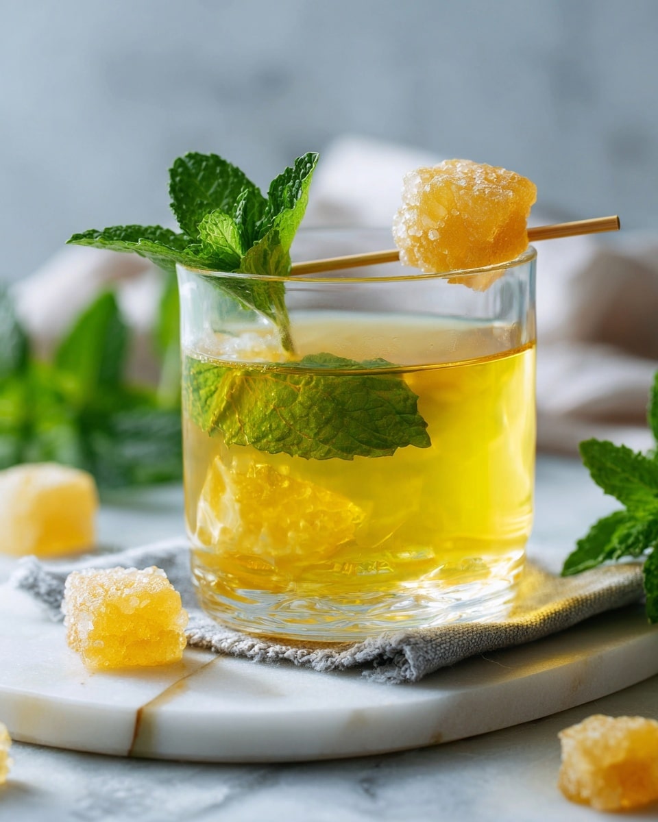 A clear glass filled with golden yellow liquid sits on a white marbled surface with a grey cloth coaster edged in yellow underneath it. Inside the glass is a fresh green mint leaf floating on top. A thin wooden skewer balances on the rim holding a piece of pale yellow, sugar-coated candied ginger. In the background and foreground, there are a few fresh mint leaves and pieces of candied ginger scattered casually. The overall look is fresh and light with soft natural light. photo taken with an iphone --ar 4:5 --v 7