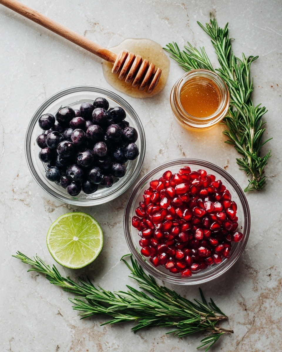 The image shows a simple arrangement of fresh ingredients on a white marbled surface. On the left, there is a clear glass bowl filled with dark purple blueberries. Above it, a wooden honey dipper lies next to a small jar of raw honey. To the right, another clear glass bowl is filled with bright red pomegranate seeds, shining with freshness. Near the bottom center, there is a half lime showing its pale green and juicy inside. On the right side, two sprigs of fresh green rosemary with needle-like leaves are laid flat. The overall scene feels clean, fresh, and natural, with a soft natural light highlighting the textures and colors. photo taken with an iphone --ar 4:5 --v 7
