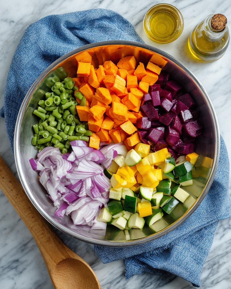 A large silver bowl holds six sections of chopped raw vegetables arranged side by side: bright green beans at the top left, orange sweet potato pieces next to them, purple eggplant cubes to the top right, sliced red onion rings at the bottom right, mixed green zucchini pieces near the bottom center, and light yellow squash cubes at the bottom left. The bowl sits on a blue and white cloth over a white marbled surface, with a wooden spoon and a bottle of oil nearby. Photo taken with an iphone --ar 4:5 --v 7
