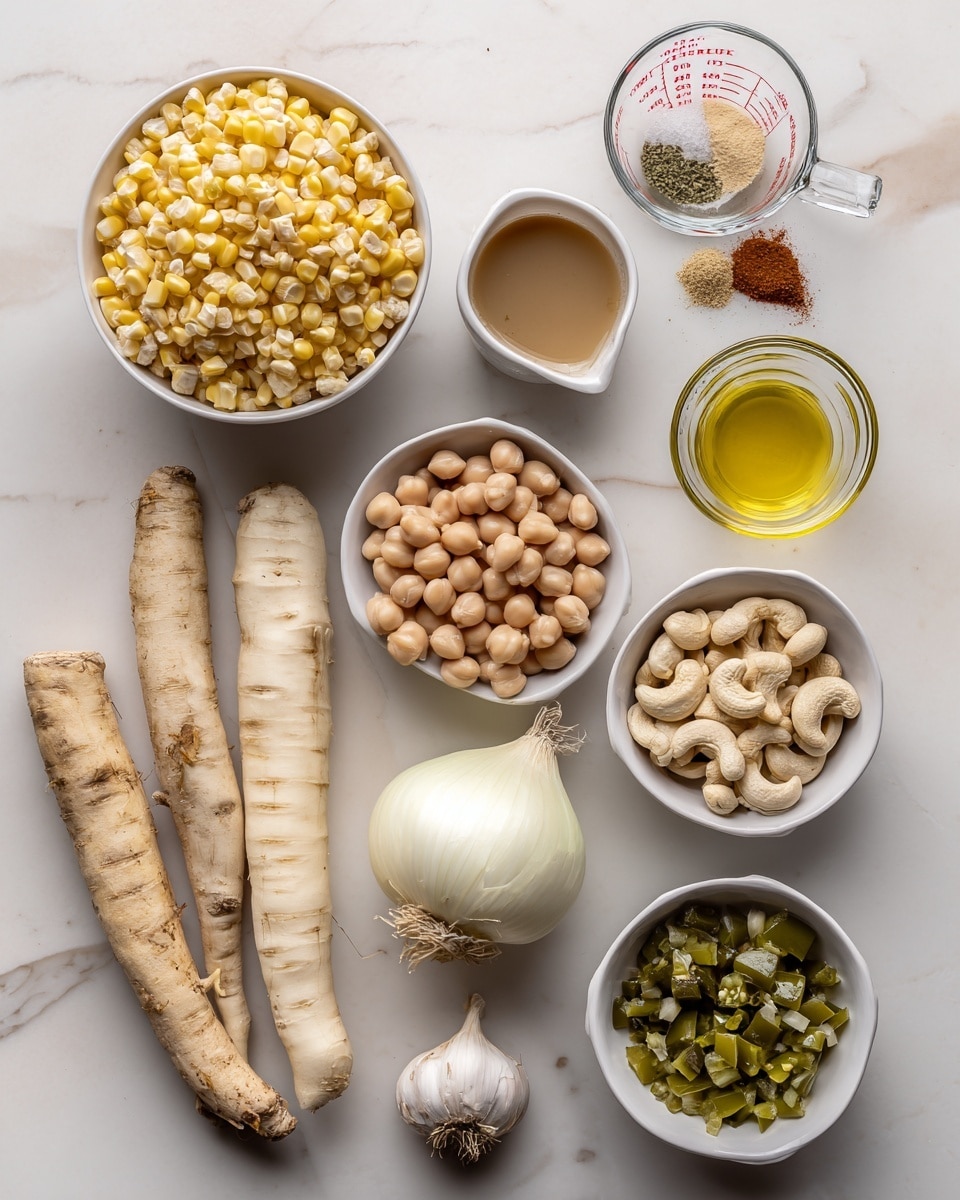 The image shows a white marbled surface with several white bowls and loose ingredients neatly arranged. At the top center is a white bowl full of frozen corn, with pale yellow kernels packed tightly. To the right is a clear measuring cup holding light brown vegetable stock. Below it is a large white bowl filled with two types of beans: light brown chickpeas and pale Great Northern beans mixed together. On the lower right side, there is a small white bowl containing chopped green chilies, showing a mix of dark and light green pieces. Below the frozen corn is a white bowl with cashews, pale beige in color and whole. In the bottom left corner are two long, light beige parsnips with rough, textured skin next to four garlic cloves with white papery skin. In the center is half of a white onion with smooth white layers and a small glass bowl with three spices: green oregano, brown cumin, and red cayenne, separated in the bowl. Near the spices is a small glass container with golden olive oil. The white marbled surface contrasts softly with the natural colors of the ingredients, and everything is well spaced. photo taken with an iphone --ar 4:5 --v 7