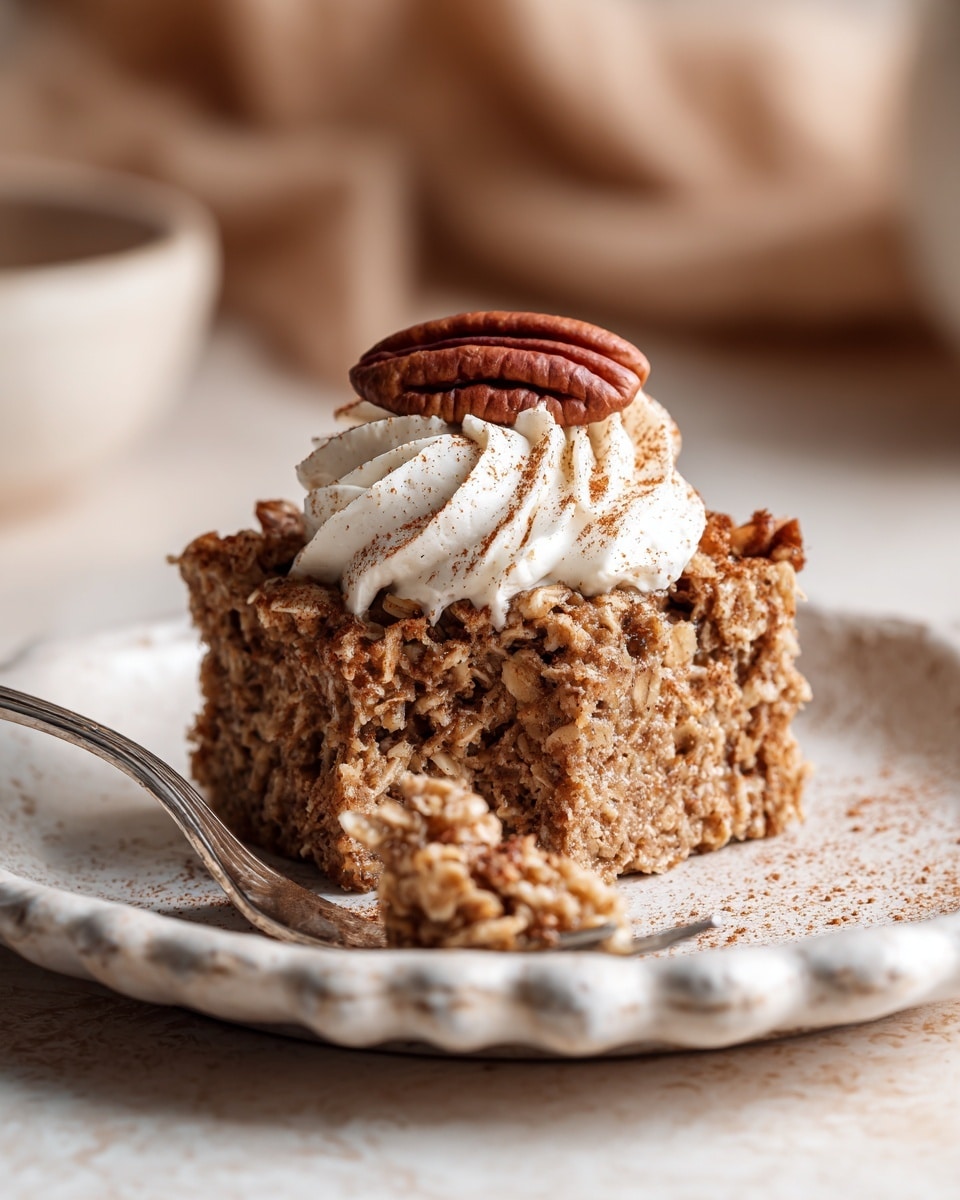 A close-up view of a single serving of baked oatmeal on a white plate with soft textured edges, placed on a white marbled surface. The oatmeal portion is dense and chunky with visible oat flakes, holding a warm brown hue. At the top, there is a swirl of white whipped cream sprinkled with a light dusting of cinnamon powder. A pecan sits just beneath the whipped cream adding a touch of deep brown and smooth texture. In front of the oatmeal, a silver fork has scooped a small amount, showing the thick, moist texture of the oats. The background is blurred with warm brown tones, giving a cozy feeling. photo taken with an iphone --ar 4:5 --v 7