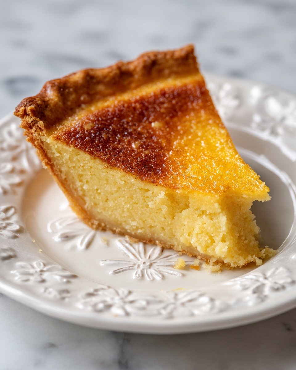 A piece of pie sits on a white plate with raised floral patterns around the edge. The pie has two visible layers: a golden brown crust on the left side with a slightly darker, crisp edge, and a lighter yellowish, smooth filling that looks soft and slightly crumbly on the right side where a bite is taken out. The pie is centered on the plate, which rests on a white marbled surface. Photo taken with an iphone --ar 4:5 --v 7