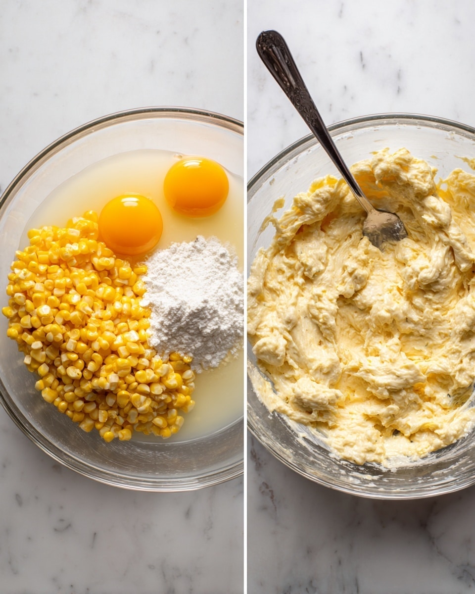 The image shows two side-by-side photos of a clear glass mixing bowl on a white marbled surface. The left photo displays four separate layers inside the bowl: bright yellow whole corn kernels on the right, two whole raw eggs with bright yellow yolks positioned on the left, a pile of white creamy mixture at the top, and a yellowish liquid filling the space between and beneath these ingredients. A silver fork rests above the bowl. The right photo shows the same bowl with all the ingredients mixed into a thick, creamy batter that is pale yellow with some visible corn kernels. The texture looks smooth with small lumps. The same silver fork is placed above the bowl on the white marbled surface. photo taken with an iphone --ar 4:5 --v 7