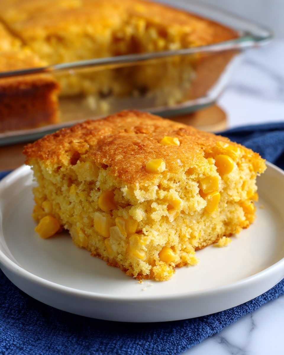 A thick square piece of cornbread sits on a white plate, showing a crumbly texture with visible sweet corn kernels scattered throughout. The cornbread has a golden yellow top layer that looks soft but slightly firm, with uneven edges and a moist interior made up of a lighter yellow crumbly layer mixed with the soft corn bits. In the background, part of a glass baking dish with more cornbread and a white marbled surface underneath the plate can be seen. The plate rests on a blue cloth, adding some color contrast. photo taken with an iphone --ar 4:5 --v 7