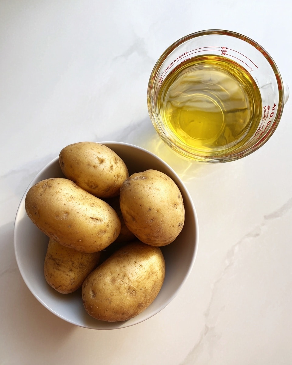 The image shows two parts: on the left, a white bowl holds several large light brown potatoes with a rough texture, stacked naturally with some overlapping; on the right, a clear glass measuring cup filled almost to the top with a light golden yellow liquid rests on a white marbled surface, with red measurement marks visible on the cup. photo taken with an iphone --ar 4:5 --v 7