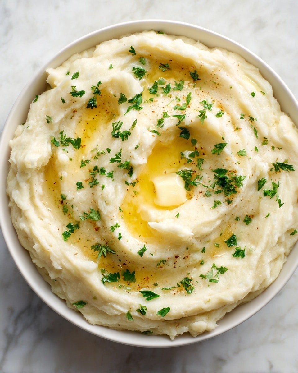 A close-up top view of a bowl filled with creamy mashed potatoes, showing one smooth, thick layer with soft lumps. The mashed potatoes are light beige in color with a melting pat of butter in the center, creating a shiny, golden pool around it. Small green parsley leaves are sprinkled evenly over the top, adding a fresh contrast. The bowl is white, and the whole scene is on a white marbled surface. Photo taken with an iphone --ar 4:5 --v 7