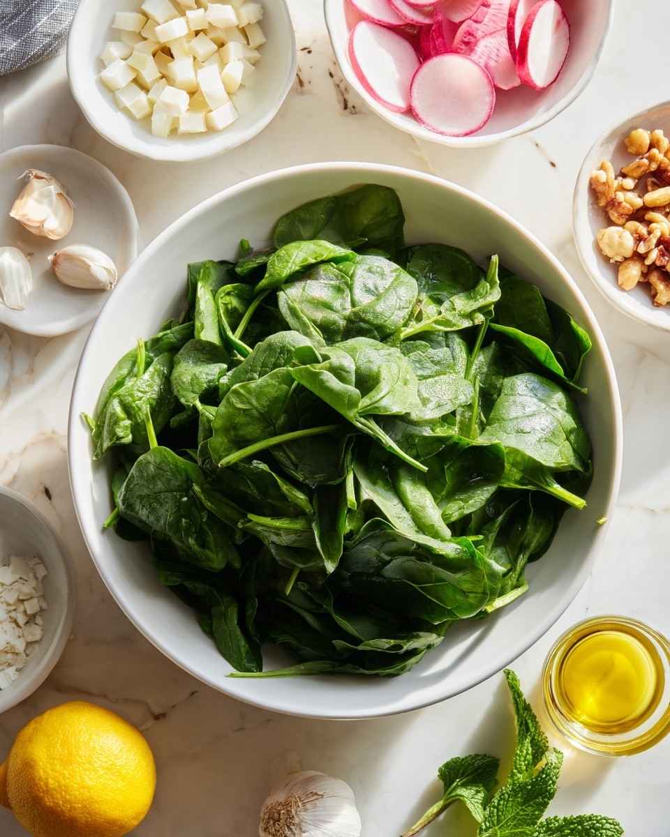 A white bowl full of fresh dark green spinach leaves sits at the center on a white marbled surface. Surrounding the bowl are smaller white bowls holding different ingredients: one with reddish-pink radishes, one with small chopped white pieces of cheese, and one with a mix of nuts in pale yellow and brown colors. Outside the bowls, there is a bright yellow lemon, a small bunch of fresh green mint leaves, a whole white garlic bulb, and a small container with pale golden oil. The light is soft and natural. photo taken with an iphone --ar 4:5 --v 7