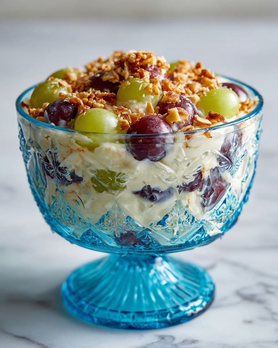 The image shows a fancy clear blue patterned glass bowl filled with a creamy fruit salad. Inside the bowl, there are layers of white creamy dressing mixed with whole green and purple grapes, giving a mix of smooth white and shiny green and deep purple colors. On top, crumbled light brown nuts are sprinkled, adding a rough texture and a touch of warm color. The bowl is placed on a white marbled surface with a blurred white and light background. photo taken with an iphone --ar 4:5 --v 7
