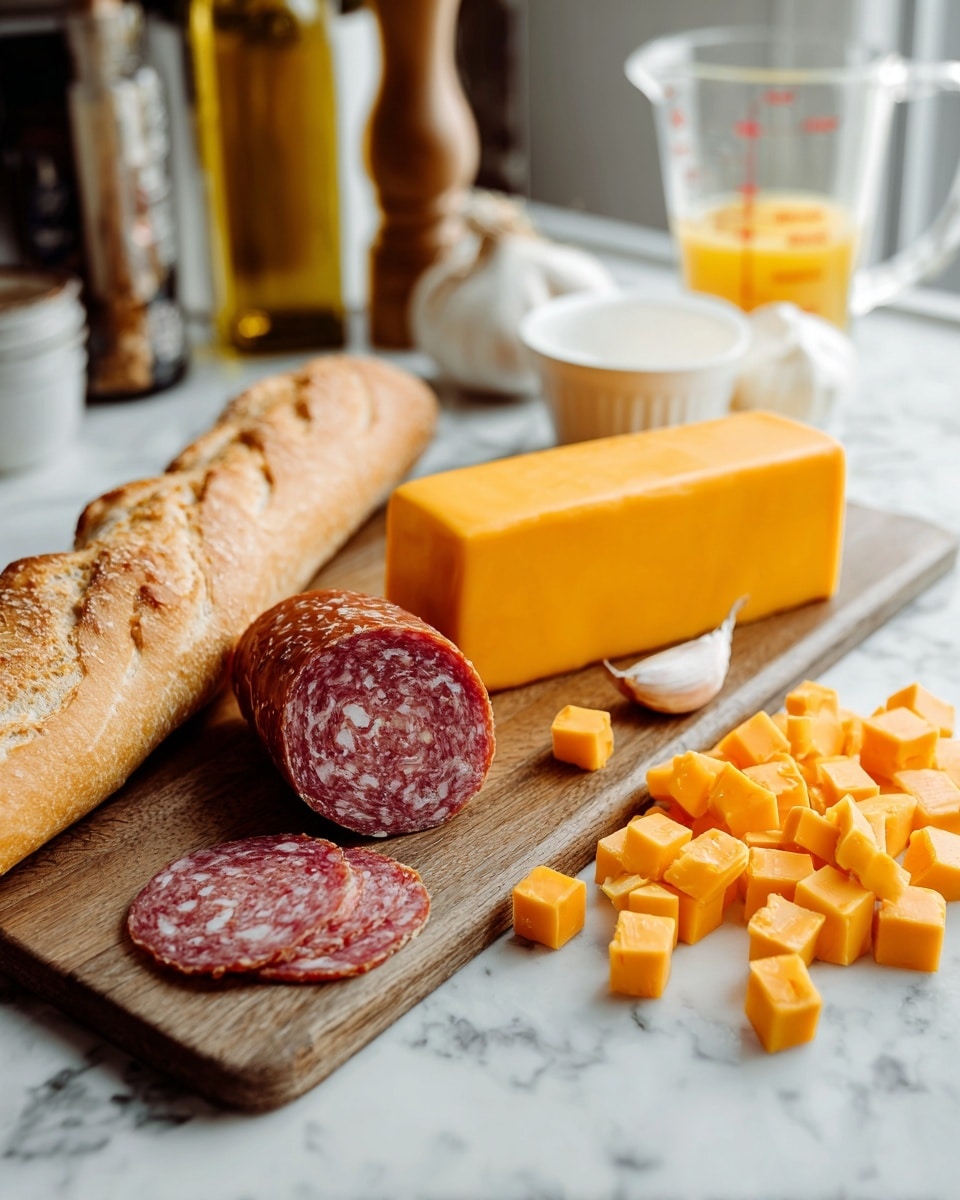 The image shows a wooden board with a long light brown baguette on the left. Next to it is a thick piece of reddish salami with white fat spots, with one slice cut and placed in front. Beside the salami, there is a block of pale white cheese and a large rectangular block of bright orange cheese next to it. In front of the orange block, there are many small orange cheese cubes scattered. A single clove of garlic is placed near the cheeses. In the background, there are blurred bottles, a glass measuring cup with a yellow liquid, and a white bowl on a white marbled surface. photo taken with an iphone --ar 4:5 --v 7