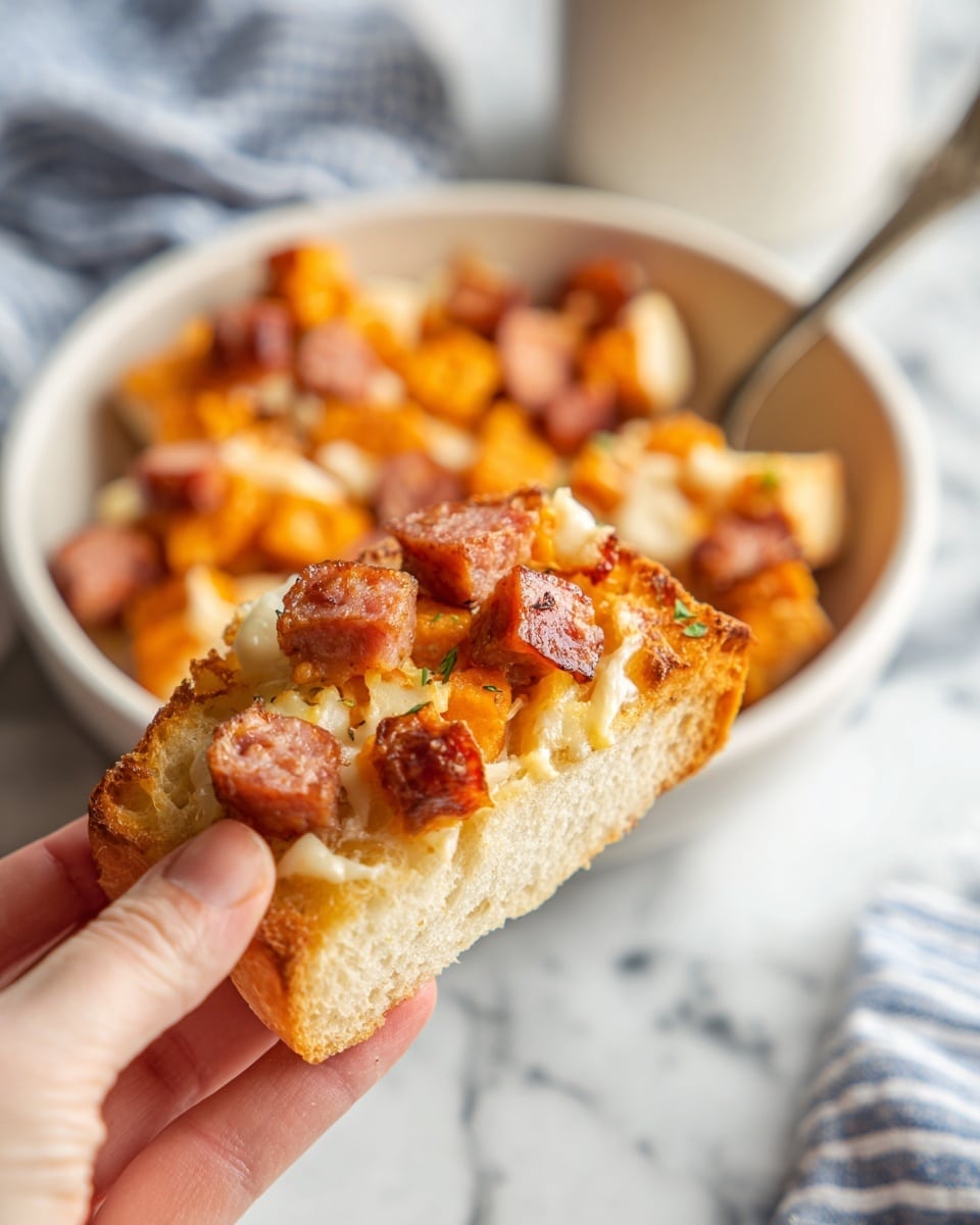 A close-up shows a woman's hand holding a piece of light beige, slightly crusty bread topped with small cubes of three layers: bright orange cheese, white cheese, and reddish-brown sausage. In the background, a white bowl filled with mixed cubes of the same three colors sits on a white marbled surface, with a metal spoon resting inside. A soft blue and white striped cloth is blurred in the background. photo taken with an iphone --ar 4:5 --v 7
