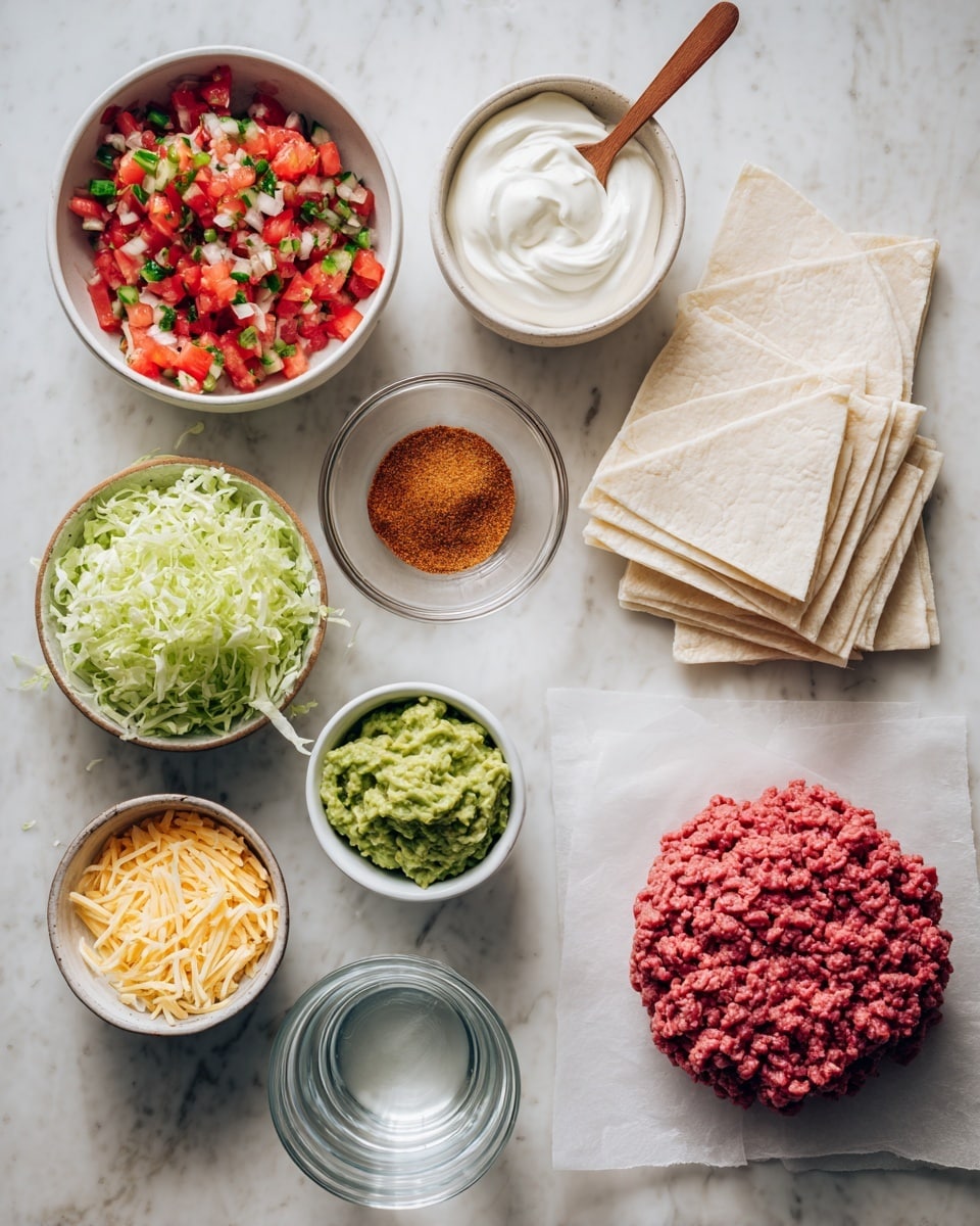 The image shows an overhead view of several small white bowls arranged on a white marbled surface, each containing different ingredients. Starting from the top left, there is a bowl filled with red and green diced pico de gallo, next to it on the right is a small white bowl with smooth white sour cream and a wooden spoon resting inside. Below the pico de gallo is a clear glass bowl filled with orange-brown taco seasoning powder. To its right, several pale beige wonton wrappers are stacked neatly on parchment paper. Below those wrappers, a bowl with bright green shredded lettuce is visible, and to its right, a bowl contains a mix of shredded yellow and white fiesta blend cheese. Further below, a small white bowl holds green guacamole with some small chunks visible. To the right of the guacamole is a small cup filled with clear water. At the very bottom, on parchment paper, a mound of raw ground beef with visible texture lines is placed. All elements are clean and organized on the white marbled surface, photo taken with an iphone --ar 4:5 --v 7