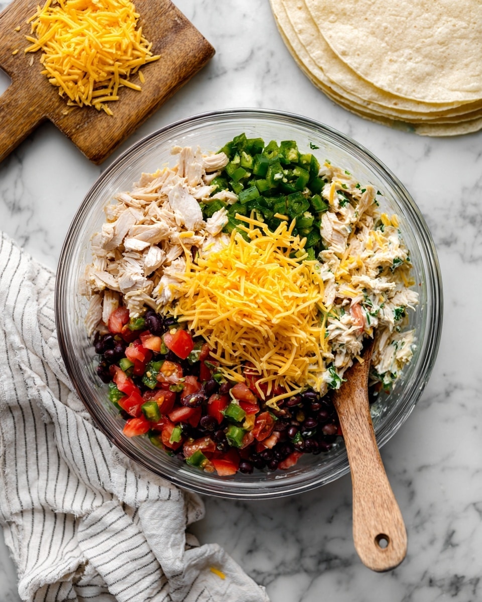 A clear glass bowl is shown from above with a mix of ingredients in two halves; the left half shows separate layers including white chopped chicken pieces at the bottom, bright green jalapeno pieces, red chunks of Rotel tomatoes, dark black beans, and shredded yellow cheddar cheese on top, all arranged distinctly. To the right half, these ingredients are mixed together into a creamy textured mixture with visible chunks of each component, stirred with a wooden spoon resting inside the bowl. The bowl sits on a white marbled surface with a white striped cloth partially visible to the lower left and shredded cheddar cheese on a small wooden cutting board to the upper left. Soft pale flour tortillas lie folded in the upper right area. photo taken with an iphone --ar 4:5 --v 7