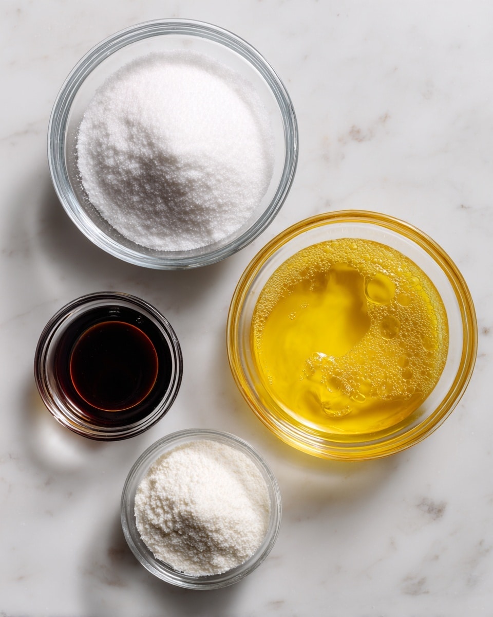 The image shows four clear glass bowls arranged on a white marbled surface. The largest bowl at the top center is filled with fine white sugar with a smooth texture. To the right and slightly below it is a large bowl containing translucent yellow egg whites with some small bubbles visible on the surface. To the left and closer to the bottom is a small bowl holding a dark brown vanilla extract with a smooth liquid texture. At the bottom center is a very small bowl filled with a white powder labeled cream of tartar. Each bowl is placed separately and clearly displays its contents. Photo taken with an iphone --ar 4:5 --v 7