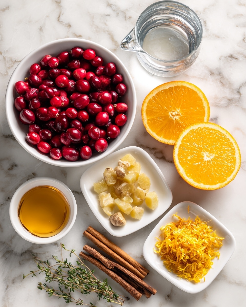 The image shows a collection of ingredients placed on a white marbled surface. In the center, there is a white bowl filled with bright red cranberries. To the top right, there are two round slices of orange with visible juicy segments. Near the oranges are two small white square dishes, one containing several small yellow ginger pieces and the other filled with a pile of finely grated orange zest. Below the ginger and zest is a small sprig of green thyme. To the left side of the cranberries, there is a small white round bowl with golden honey and above that a clear glass full of water. Below the glass, there is a partially empty glass bottle. Two brown cinnamon sticks lie horizontally near the bottle. Photo taken with an iphone --ar 4:5 --v 7