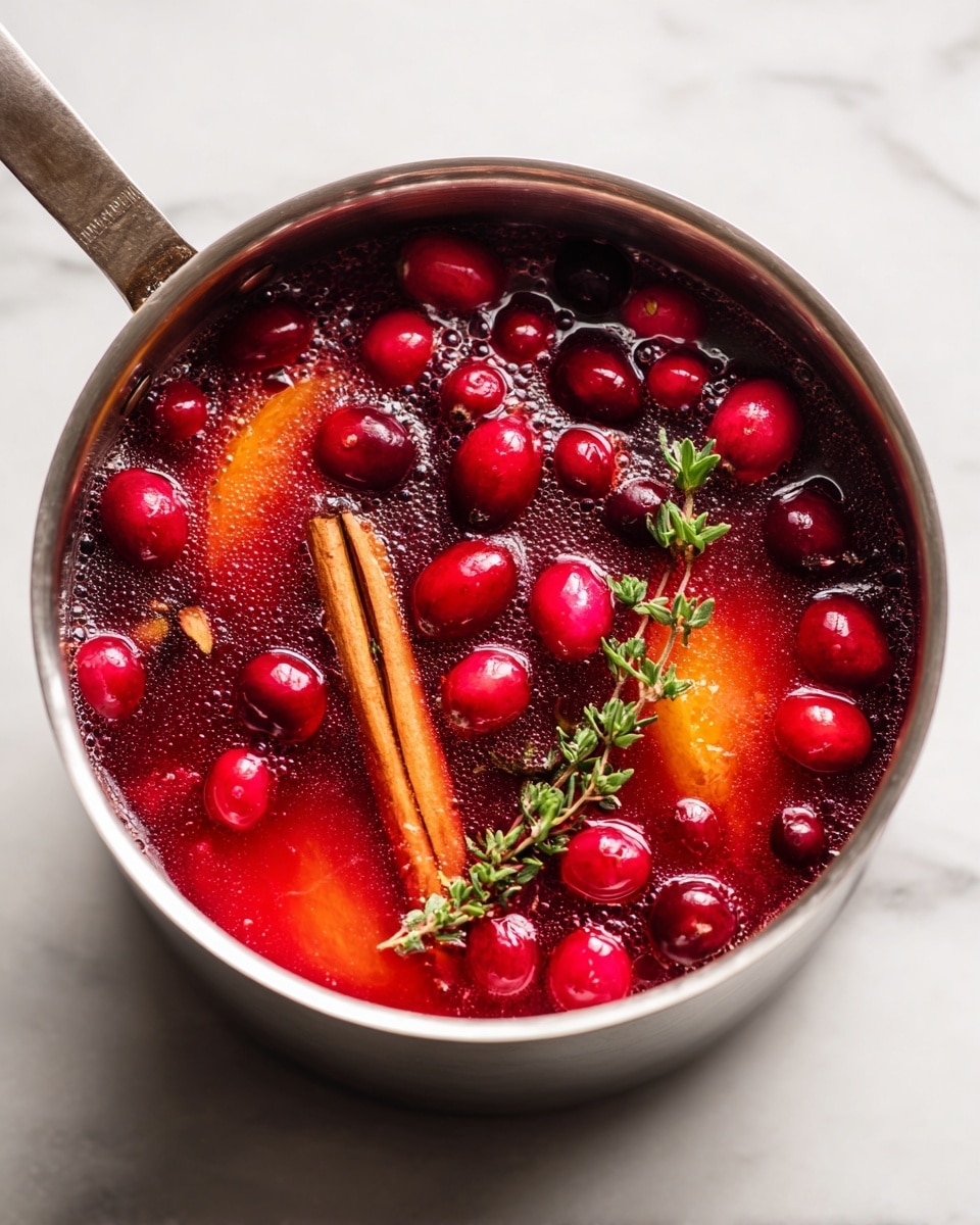 A round silver saucepan filled with a vibrant mix of red and orange liquid. Inside the liquid, there are whole red berries, small orange pieces, a cinnamon stick, and a green thyme sprig floating on top. The liquid looks like it is simmering with small bubbles on the surface. The pan rests on a white marbled surface. photo taken with an iphone --ar 4:5 --v 7