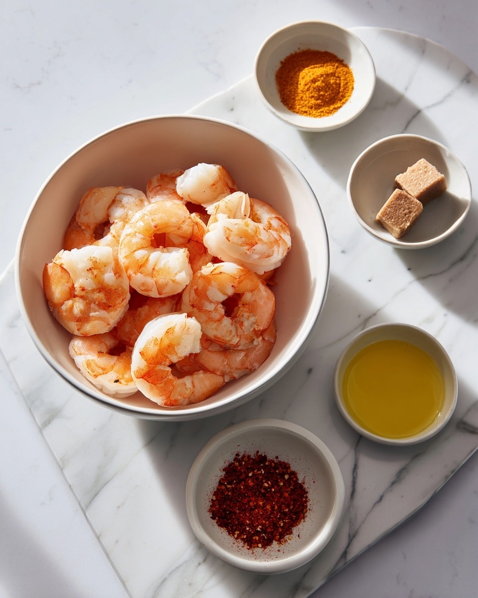 A large white bowl in the center holds several light pink shrimps with slight orange edges, showing their firm texture. Around the bowl, on a white marbled surface, there are three small white bowls: one contains a finely ground orange curry powder, another has a small brown seasoning cube, and the third holds a light yellow vegetable oil. Below the large bowl is a small white bowl filled with red dry pepper powder. The setup is clean and minimal with warm natural lighting. photo taken with an iphone --ar 4:5 --v 7