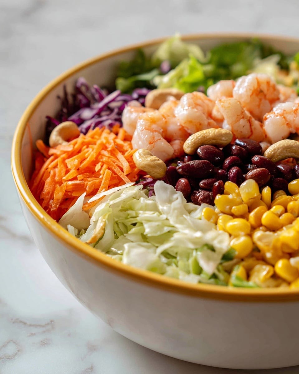 The image shows a sequence of four pictures of a salad being made in a large white bowl with a yellow rim, placed on a white marbled surface. The first image features a close-up of a woman's hand holding half a lemon above a small white bowl with brown dressing. The second image shows a woman's hand holding the small white bowl of dressing over the salad, which has layers of mixed shredded cabbage, orange carrot strips, green leafy herbs, yellow corn, whole almonds, and small red pieces. The third image presents the salad with added chunky green avocado pieces on top of the colorful vegetable mix. The fourth image reveals the completed salad with a final layer of small cooked shrimp, mixed along the vibrant vegetable salad in the same bowl. photo taken with an iphone --ar 4:5 --v 7
