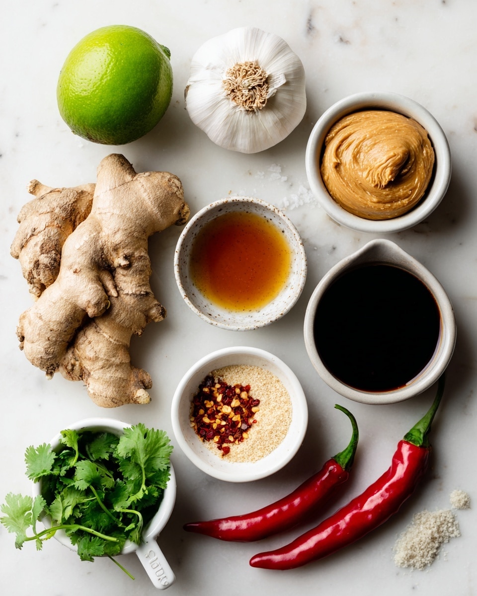 The image shows several ingredients arranged neatly on a white marbled surface. At the top left, there is a whole lime with a bright green, smooth skin. Below it is a bulb of garlic, white and slightly textured. To the right of the lime and garlic are three small round bowls: the top one holds light brown cashew butter with a creamy texture, the middle one is filled with amber maple syrup that looks smooth and shiny, and the bottom one contains salt mixed with red chili flakes, showing white and red colors with a grainy texture. Near the center is a large piece of fresh ginger with a rough, light brown skin. At bottom left, a small white measuring cup is filled with bright green cilantro leaves. Next to it on the right is a small white bowl holding dark brown tamari or soy sauce, smooth and glossy. A whole red Fresno chili pepper, smooth and shiny, lies near the bottom right. Another small white bowl filled with deep orange rice vinegar is near the center-left. Each element is spaced out clearly on the surface, creating a clean and organized look. Photo taken with an iphone --ar 4:5 --v 7