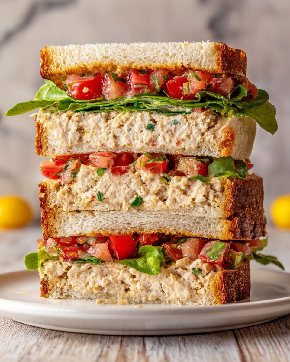 A tall sandwich is shown cut into four layers stacked on a white plate with a white marbled surface below. The bottom layer is toasted white bread with a light golden brown texture. Above this is a thick, light beige patty with bits of green herbs inside. Next, there is fresh green lettuce, topped with diced red tomatoes with juice visible. The same three layers repeat above this: toasted white bread, a beige patty with herbs, fresh green lettuce, and diced tomatoes. The top layer is another slice of toasted white bread with a crunchy crust. The background is a soft wood texture. Photo taken with an iphone --ar 4:5 --v 7