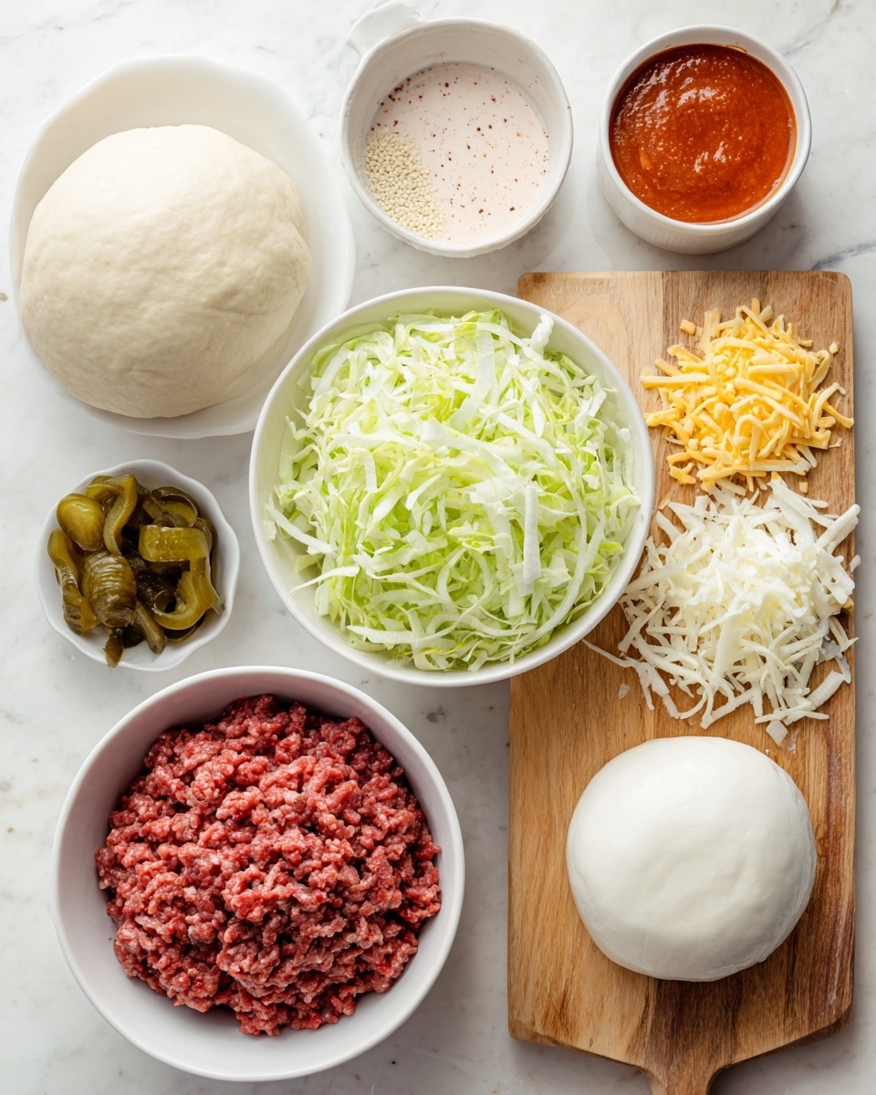 The image shows several bowls and a wooden board arranged on a white marbled surface. In the top left, a white bowl holds a smooth, round ball of pizza dough. Next to it is a small white bowl filled with small, light-colored sesame seeds. Below the dough is a large white bowl filled with shredded iceberg lettuce, bright green and crisp. At the bottom left, a white bowl contains fresh ground beef with a rich red color and moist texture. Near the center, a small pile of dark green pickle slices sits on the white marbled surface. A wooden board on the right holds finely shredded white onions at the top, bright yellow cheddar cheese to the right, and a large ball of smooth white mozzarella cheese at the bottom. Next to the dough and sesame seeds is a small white bowl with thick pinkish sauce speckled with spices. The scene is clean and bright, displaying all ingredients clearly. photo taken with an iphone --ar 4:5 --v 7