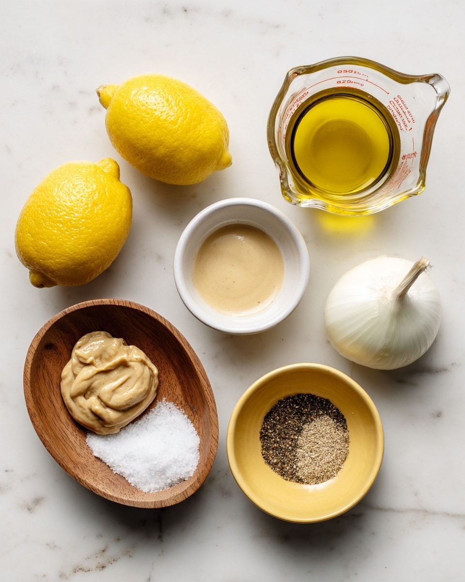 The image shows ingredients for a recipe placed on a white marbled surface. There are two bright yellow lemons on the left side. Next to them are three small white bowls: one with a pale beige sauce, one with a light yellow liquid, and one with a light mustard-colored paste. Below these bowls, there is a small wooden bowl with white salt, and to the right of it is a yellow bowl filled with black pepper. Above the yellow bowl is a small white onion. On the top right, there is a transparent glass measuring cup with a yellow oil inside. The setup is simple and clear, showing all ingredients separately. photo taken with an iphone --ar 4:5 --v 7