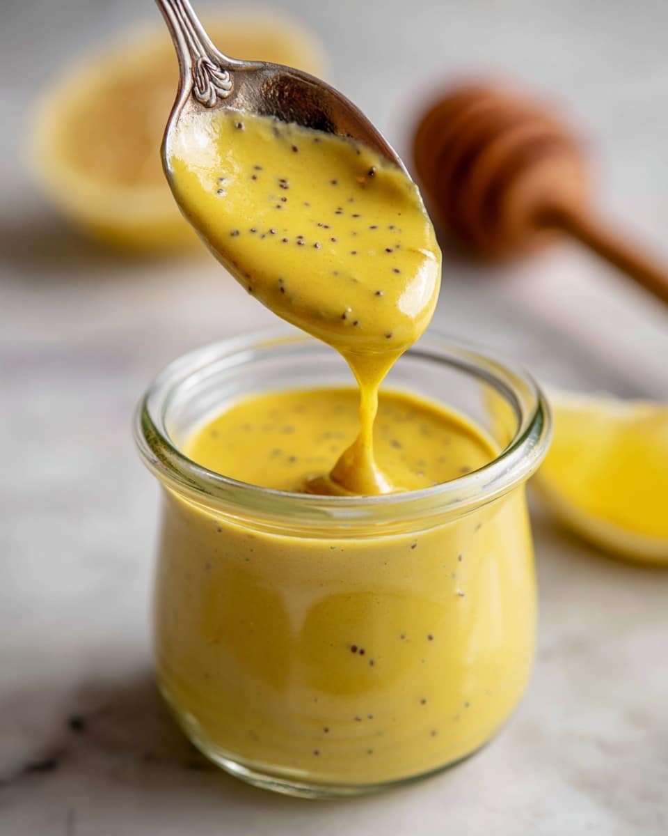 The image shows a close-up of a silver spoon holding a thick yellow sauce with small black specks, dripping back into a clear glass jar filled with the same sauce. In the blurred background, there is a honey dipper with honey on it and a yellow lemon slice on the right side. The scene is set on a white marbled surface. photo taken with an iphone --ar 4:5 --v 7
