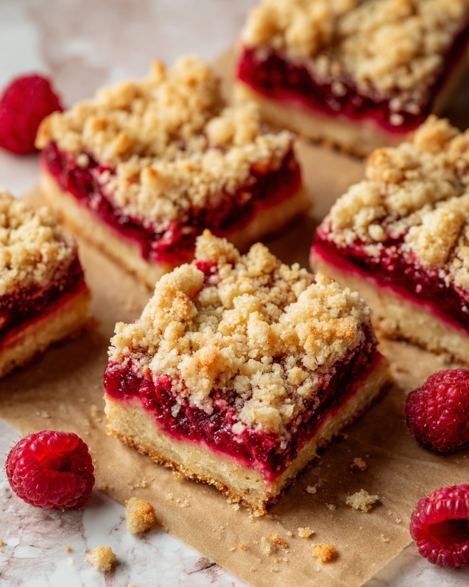 The image shows several square slices of raspberry crumb bars arranged on brown parchment paper with a few whole raspberries scattered around. Each bar has three layers: the bottom layer is a golden brown, firm crust; the middle layer is a bright red mashed raspberry filling with visible raspberry seeds and soft texture; the top layer is a crumbly, light beige streusel that looks crunchy and unevenly spread. The bars have a rustic look with some crumbs falling off the edges. The overall scene is laid on a white marbled texture surface. photo taken with an iphone --ar 4:5 --v 7