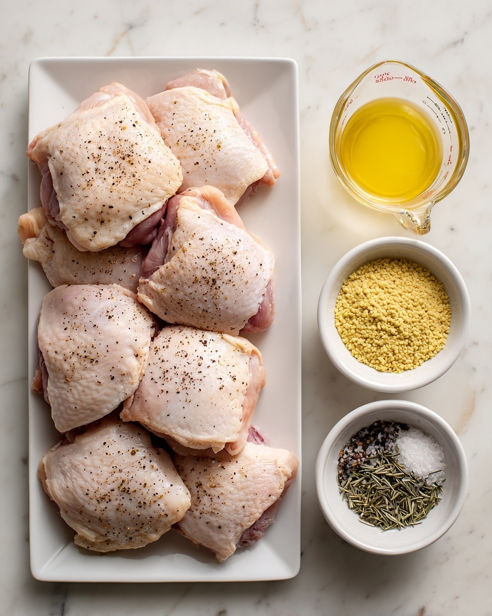 The image shows a white rectangular plate with eight raw chicken thighs seasoned lightly with black pepper, each with skin on and arranged neatly covering the plate. On the right side, in three small white bowls stacked vertically, there are three separate ingredients: the top bowl contains grainy yellow mustard with visible seeds and a creamy texture, the middle bowl is a clear glass measuring cup with a light yellow liquid, and the bottom bowl holds a mix of dried herbs, likely rosemary, with small salt crystals on top. All items are placed on a white marbled surface. Photo taken with an iphone --ar 4:5 --v 7