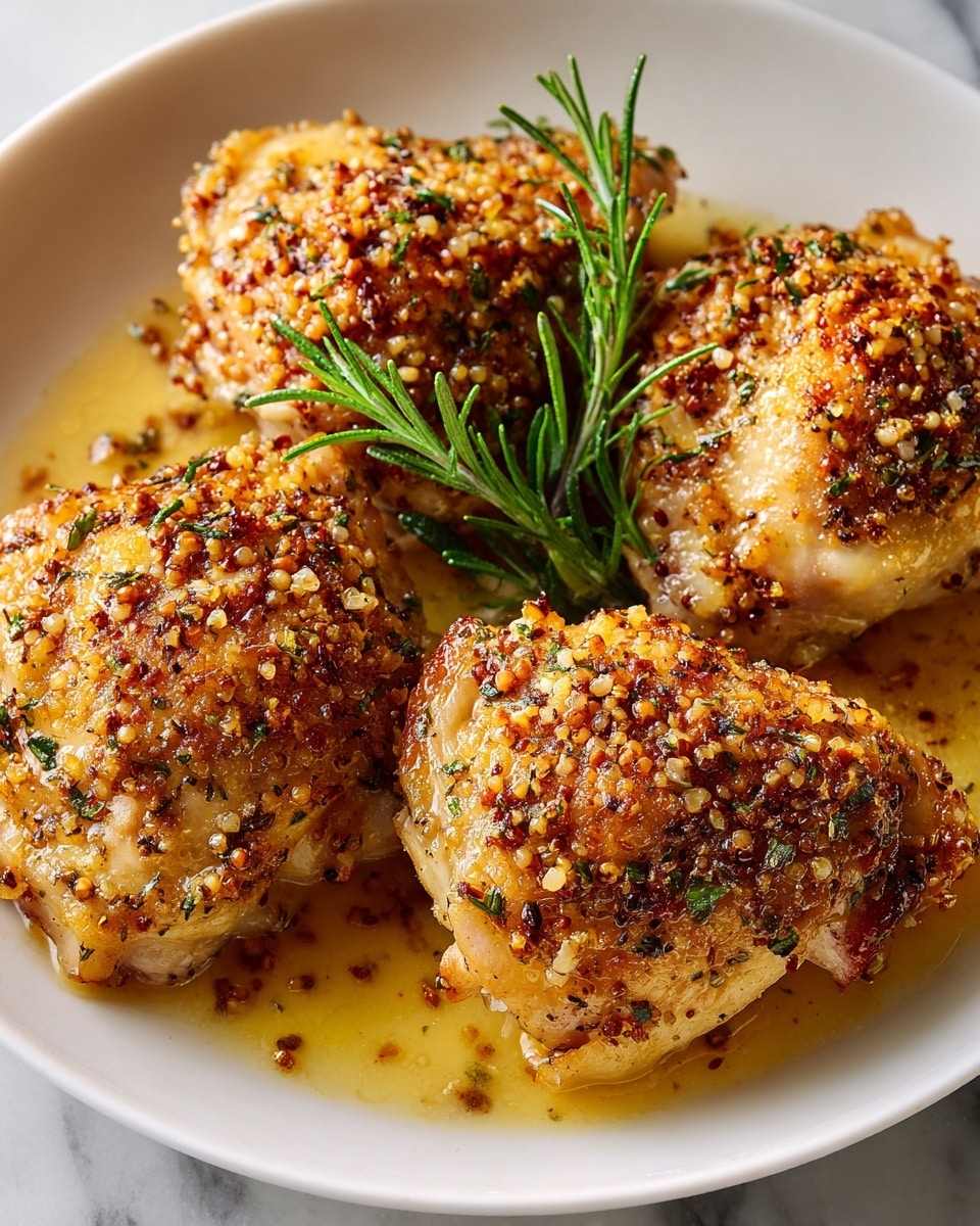 A close-up view of four pieces of cooked chicken thighs arranged closely on a white plate, resting slightly overlapped in a shallow layer of light golden sauce. The thighs are golden brown with a textured coating of mixed herbs and whole grain mustard seeds scattered evenly across the skin. Underneath one chicken piece, a small bunch of fresh rosemary sprigs adds a touch of green contrast. The scene is set against a white marbled background, highlighting the rustic and hearty appearance of the dish. photo taken with an iphone --ar 4:5 --v 7