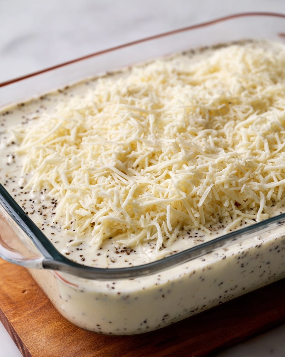 The image shows a close-up of a clear glass baking dish filled with two layers: the bottom layer is a creamy white sauce with visible black specks of seasoning, and the top layer is a generous amount of shredded white cheese spread evenly over the sauce. The dish is placed on a white marbled surface, and the golden wood surface is partly visible in the background. Photo taken with an iphone --ar 4:5 --v 7