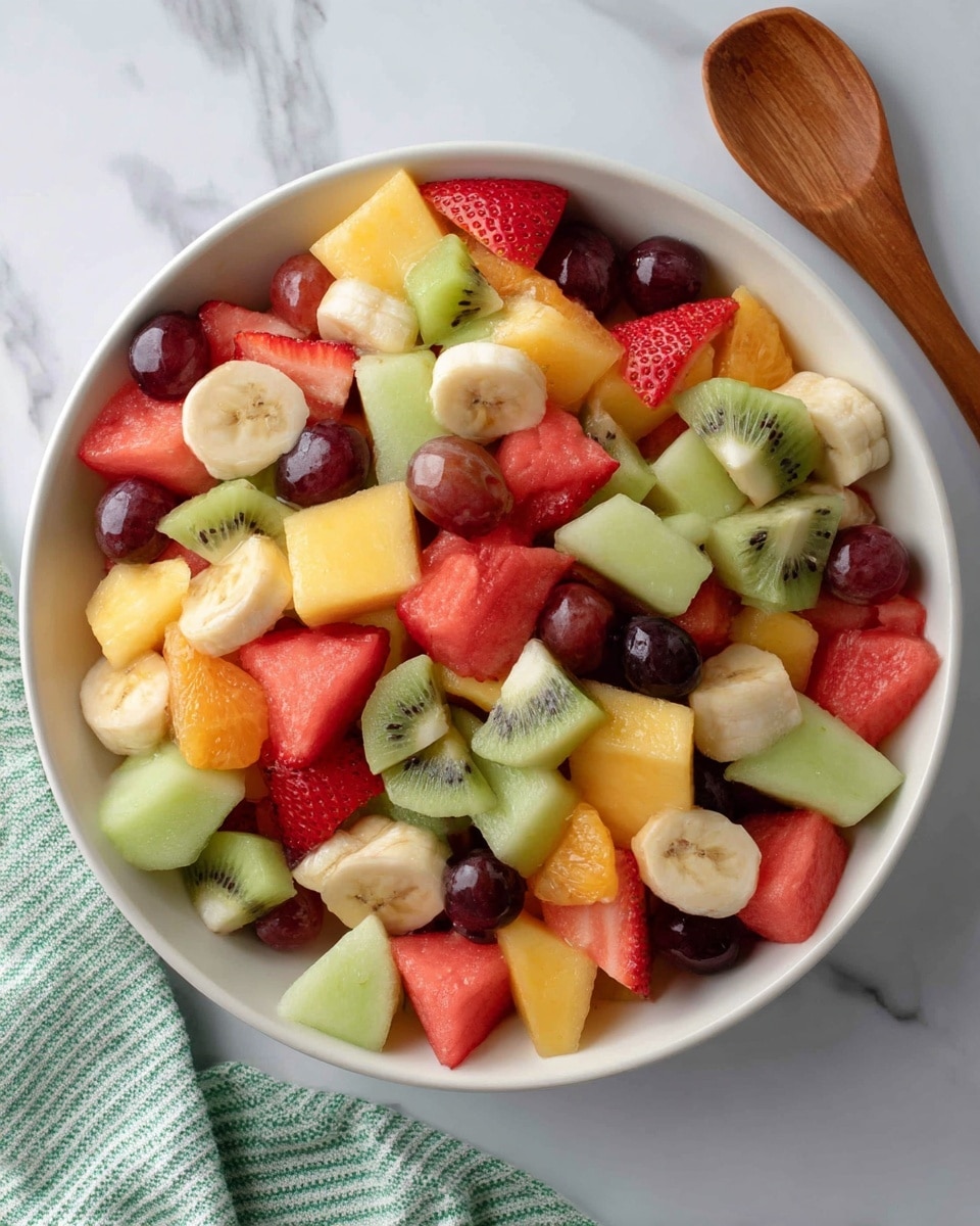 A large white bowl full of fruit salad with many small pieces of fruit mixed together. The fruits show layers of different colors and textures: red strawberry slices, green honeydew melon chunks, light yellow banana slices, dark purple grapes, light green grapes, orange cantaloupe pieces, red watermelon cubes, green kiwi, and light cream apple slices. The fruit pieces are spread evenly inside the bowl. The bowl sits on a white marbled surface with a wooden spoon and a green-striped cloth visible at the bottom left corner. Photo taken with an iphone --ar 4:5 --v 7