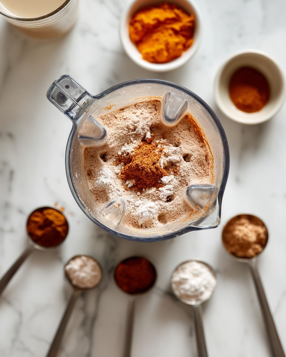 A clear blender jar sits centered on a white marbled surface, filled with light brown liquid topped by white powder and a small amount of bright orange paste, showing a textured mixture. Around the blender, there are five metal measuring spoons laid out in a horizontal line, each holding different spices or liquids in shades of brown, amber, and white. In the background, a small white bowl contains some bright orange paste, and a glass with light-colored liquid is placed near the top left corner, all on the white marbled surface. photo taken with an iphone --ar 4:5 --v 7