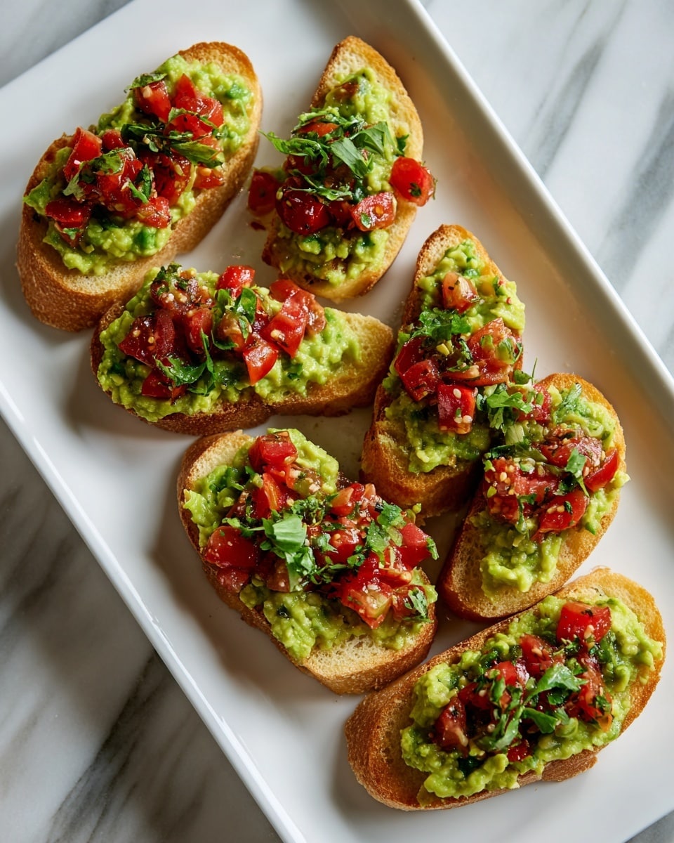 The image shows a white rectangular plate with six rectangular pieces of toasted bread arranged in two columns of three. Each piece has three distinct layers: the base is golden light toasted bread, the middle layer is a thick spread of bright green mashed avocado with a creamy texture, and the top layer features a mix of chopped red tomatoes and fresh green leafy herbs scattered loosely. The colors are fresh and bright, with the green of the avocado and herbs contrasting nicely against the red of the tomatoes and the light toasted bread. The plate sits on a white marbled surface. photo taken with an iphone --ar 4:5 --v 7