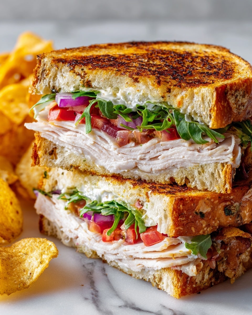 The image shows a sandwich cut in half and stacked, with two thick crispy toasted bread layers that are golden brown with some darker spots. Inside, there are layers of light beige sliced turkey, thin red tomato slices, fresh green arugula leaves, and thin slices of purple-red onion. The sandwich rests on a white marbled surface with crispy yellow potato chips on the side. The overall look is fresh and colorful with a rustic, hearty feel. Photo taken with an iphone --ar 4:5 --v 7