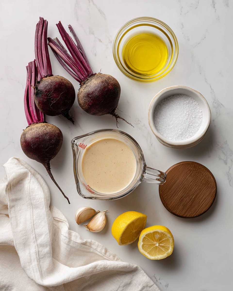 The image shows a clean white marbled surface with various cooking ingredients neatly arranged: three whole beets with dark purple skin and long tails positioned at the top left, a small clear glass bowl of light yellow oil at the top right, a small white bowl filled with coarse salt in the center, and a wooden lid placed next to it. Below these, a clear glass measuring cup holds a light brown creamy sauce. Two garlic cloves with light tan skins lie to the bottom left, and two bright yellow lemon halves are positioned at the bottom center near a folded white cloth with soft wrinkles. Photo taken with an iphone --ar 4:5 --v 7