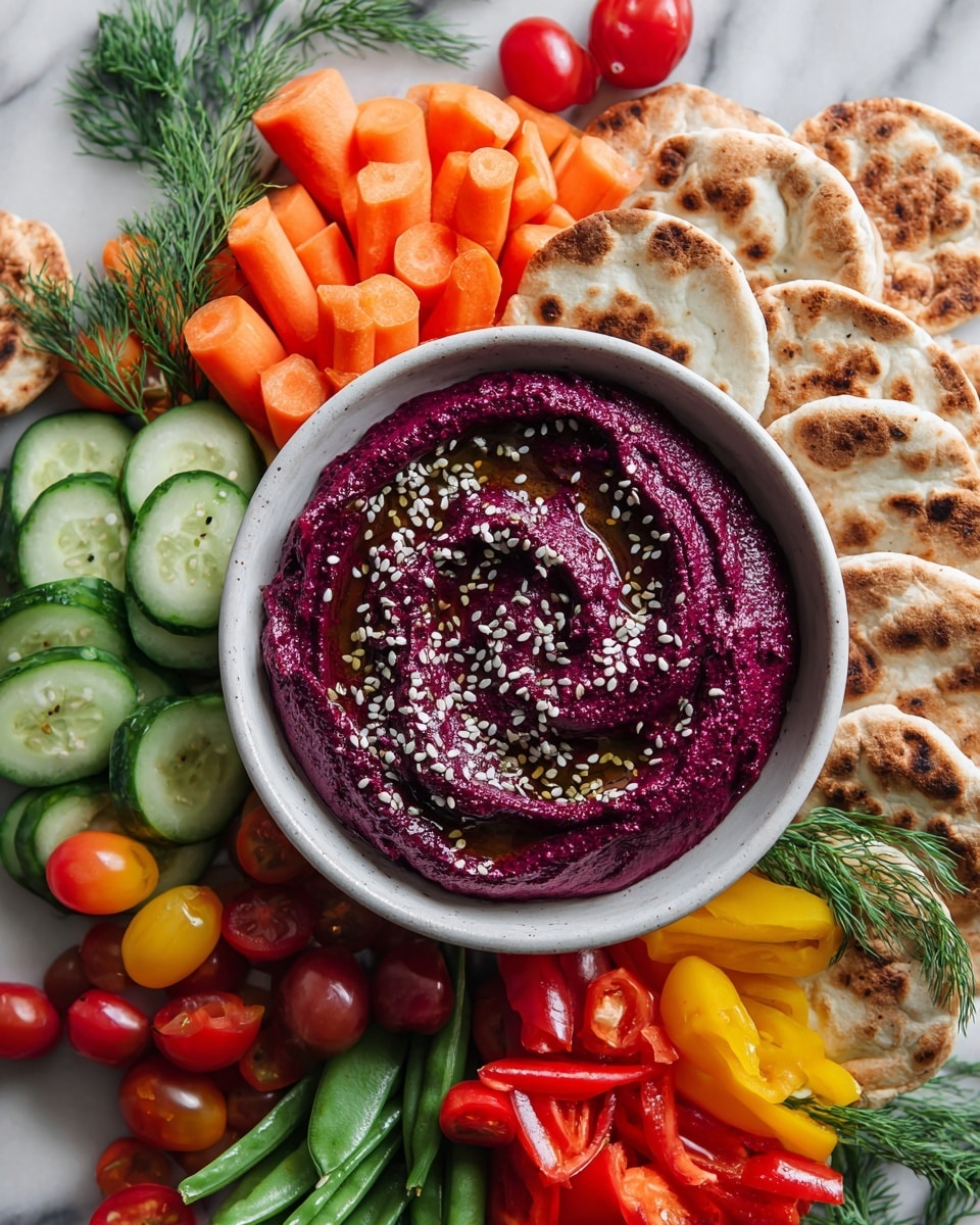 This image shows a white bowl filled with smooth, dark purple beet hummus, topped with a drizzle of olive oil and a sprinkle of white and black sesame seeds, placed in the center. The bowl is surrounded by many fresh vegetables and small round pita breads. Around the bowl, there are layers of bright orange crinkle-cut carrot slices, green snap peas, halves of fresh green cucumbers with visible seeds, and clusters of small red cherry tomatoes. There are also red and yellow mini bell peppers, and several sprigs of fresh green dill spread around. The round pita breads are lightly toasted with brown spots and are laid around the vegetables. The whole arrangement sits on a white marbled surface. photo taken with an iphone --ar 4:5 --v 7