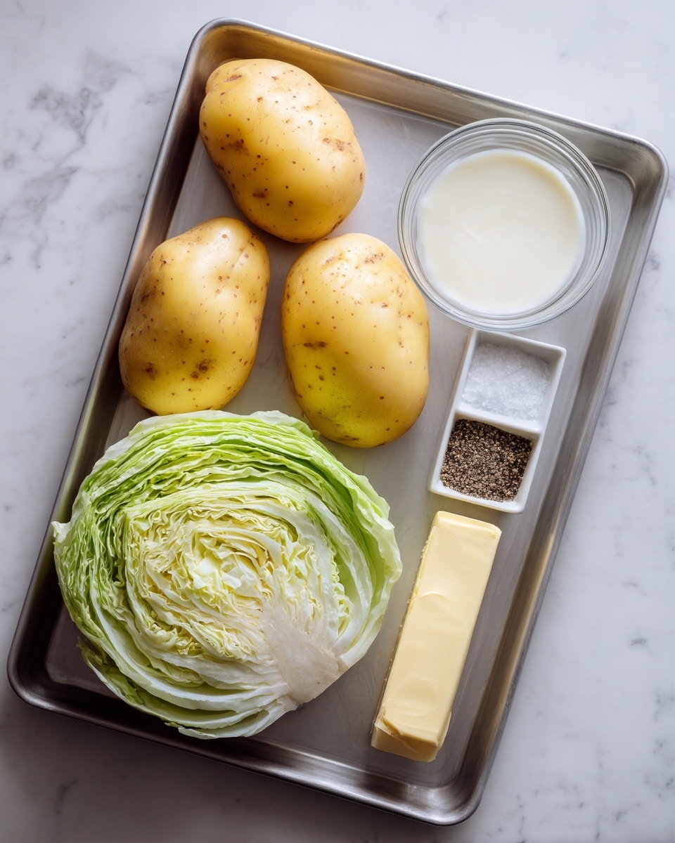 The image shows a metal baking tray on a white marbled surface. On the tray, there are four yellow potatoes with smooth skin on the left side. In the middle, there is a half head of green cabbage showing its layered leaves. On the right side, there is a stick of butter and a small clear glass bowl filled with a white liquid. Above the cabbage, there is a small white square dish with salt on the left half and black pepper on the right half. Photo taken with an iphone --ar 4:5 --v 7