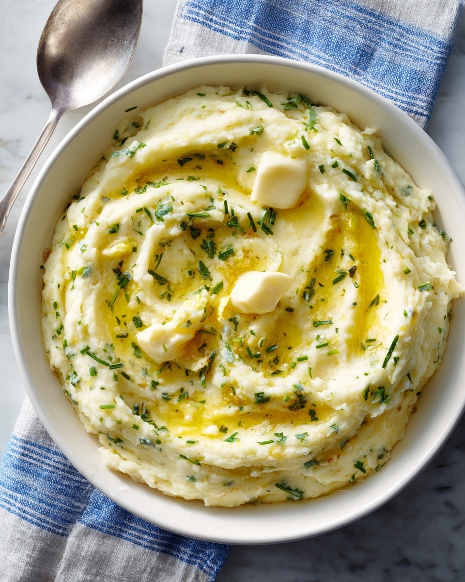 The image shows a white scalloped ceramic dish filled with mashed potatoes mixed with green herbs, giving it a light green tint scattered throughout. The mashed potatoes have a creamy and slightly chunky texture, topped with melted butter that forms shiny, golden pools on the surface. The dish sits on a white marbled textured surface with a soft-focus cloth with blue stripes in the background. The overall look is warm and inviting, highlighting the creamy mashed potato layer inside the shallow white dish photo taken with an iphone --ar 4:5 --v 7