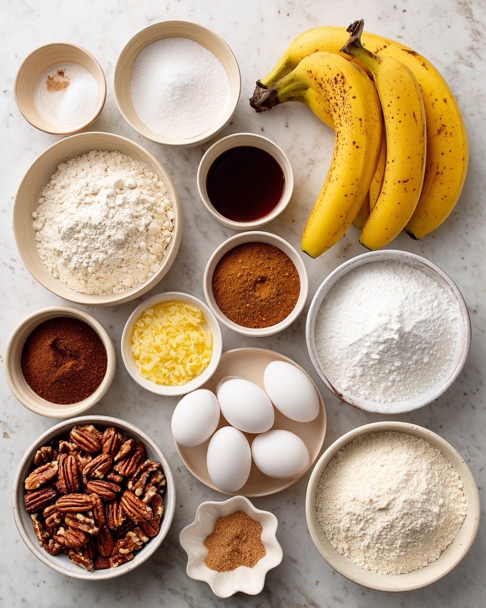 A top view of various baking ingredients arranged neatly on a white marbled surface, each in a small white or beige bowl or placed directly on the surface. From top left, a small bowl with white powder for baking soda next to a small white bowl of dark vanilla liquid, below that a small beige bowl with white salt, and a larger white bowl filled with white sugar. To the right, three yellow bananas with small brown spots rest on the surface, and below them a small white bowl with brown allspice powder. Below the sugar bowl, a small white bowl of crushed yellow pineapple sits next to a smaller white bowl of brown cinnamon powder. To the right, a white bowl shaped like a flower holds light brown sugar. Below, three white eggs are placed next to a medium white bowl filled with chopped pecans. A yellow bowl with white baking powder is near the bottom right beside a large white bowl of white flour. At the bottom left, a white bowl holds yellow oil. The bowls and eggs form a loose grid, creating an organized view of the ingredients. photo taken with an iphone --ar 4:5 --v 7