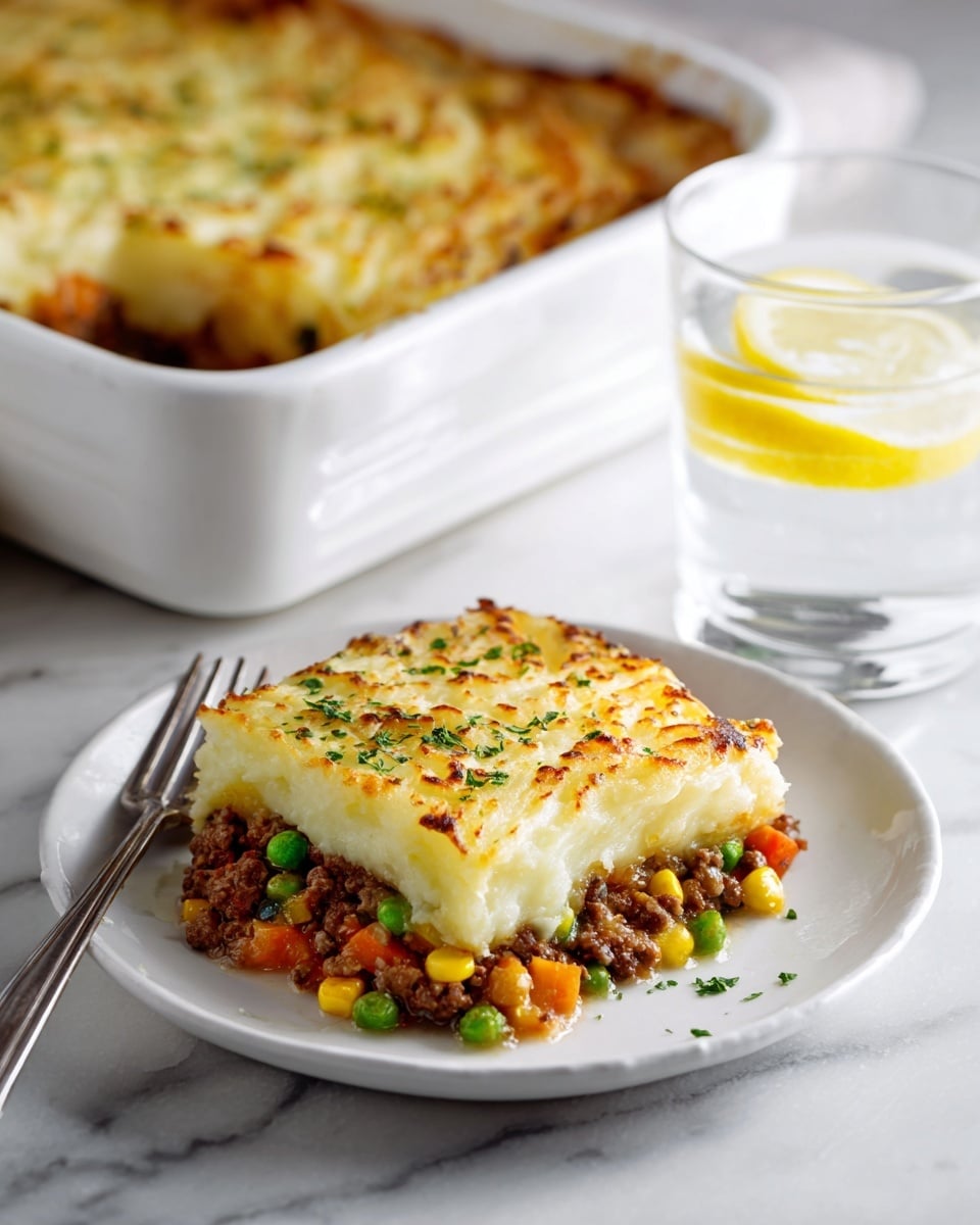 A serving of shepherd's pie is held above a white baking dish on a white marbled surface. The pie has two main layers: the bottom layer is a mix of ground meat with visible peas, corn, and carrot pieces, showing a rich brown and green mix of colors and a slightly crumbly texture; the top layer is mashed potatoes, fluffy and white with a golden-brown toasted surface spotted with small green parsley flakes. In the background, a white plate holds another slice of the shepherd's pie on the same white marbled surface. Photo taken with an iphone --ar 4:5 --v 7