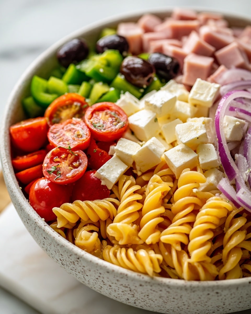 A close-up view of a white speckled bowl filled with tri-color rotini pasta salad showing three layers: at the bottom, twisted pasta in yellow, green, and orange colors; scattered on top are halved bright red cherry tomatoes, small cubes of creamy white cheese, and pink square pieces of ham; mixed in between are slices of black olives, green bell peppers, and thin slices of purple onion, all coated lightly with a shiny dressing. The bowl sits on a white marbled surface with a blurred white background, photo taken with an iphone --ar 4:5 --v 7