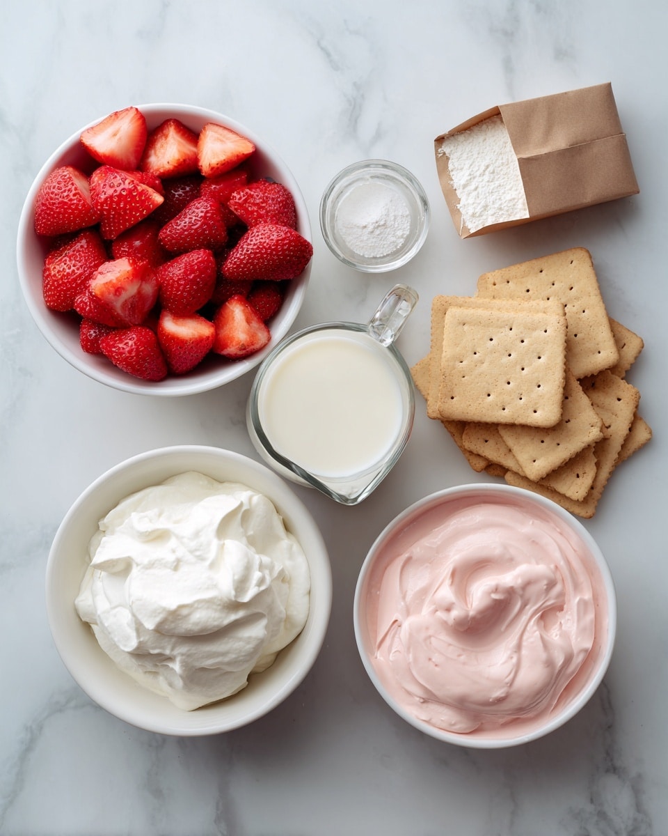 The image shows all the ingredients needed for a strawberry dessert arranged on a white marbled surface. There is a white bowl filled with bright red, cut strawberries at the bottom left. Next to it, a small clear glass pitcher holds white milk. Above these, a small brown paper bag contains a white powder pudding mix. To the right of the pudding mix, four light brown graham crackers with perforated holes lie stacked loosely. On the top left, a white bowl full of smooth white whipped topping is visible, and beside it to the right, a white bowl holds pale pink strawberry frosting with a creamy texture. Each ingredient is clearly separated and labeled with bold black text. photo taken with an iphone --ar 4:5 --v 7