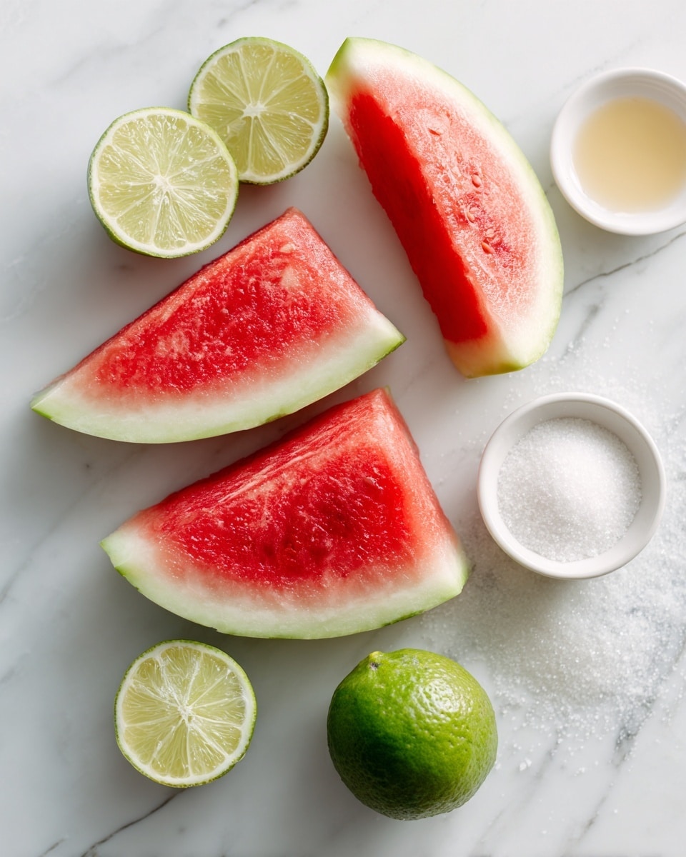 The image shows two sets of two watermelon wedges, bright red with green rind, placed on a white marbled surface, with one set near the top left and the other near the bottom right. Next to the top left watermelon wedges are a lime half with light green flesh, and a small white bowl of light golden agave nectar. Near the bottom right watermelon is another lime half, whole lime with dark green skin, and a small white bowl filled with white granulated sugar. Each item is spaced out clearly on the clean white marbled texture. photo taken with an iphone --ar 4:5 --v 7