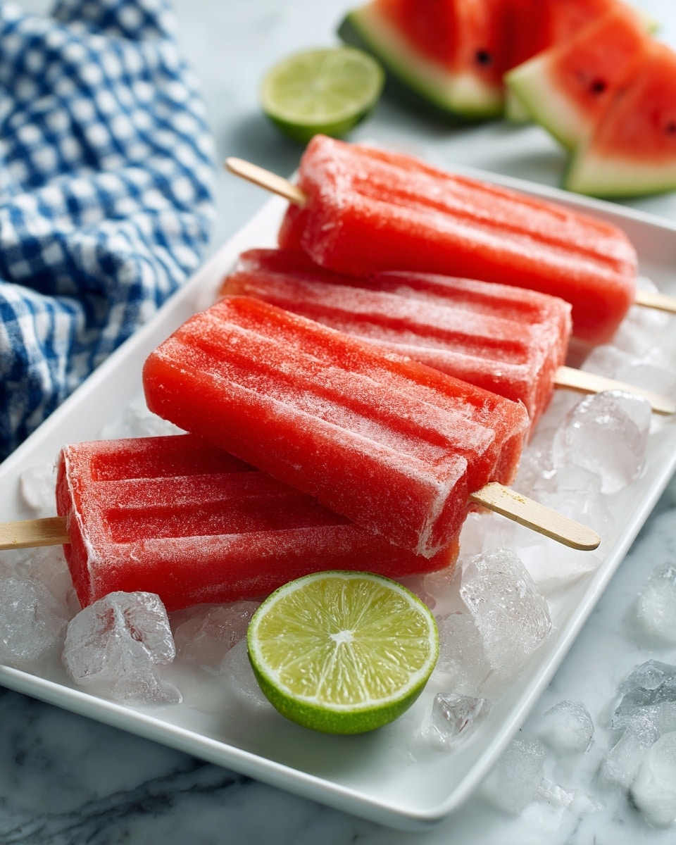 The image shows four bright red watermelon popsicles with a smooth and slightly textured surface, arranged on a white rectangular plate. Each popsicle has a light wooden stick coming out from the bottom. In front of the popsicles, there is a half lime with its green rind and light green juicy inside facing up. Around the plate, there are ice cubes scattered on a white marbled surface along with some watermelon wedges with dark green rind and pale pink flesh. A blue and white checkered cloth is partially visible in the upper background. photo taken with an iphone --ar 4:5 --v 7